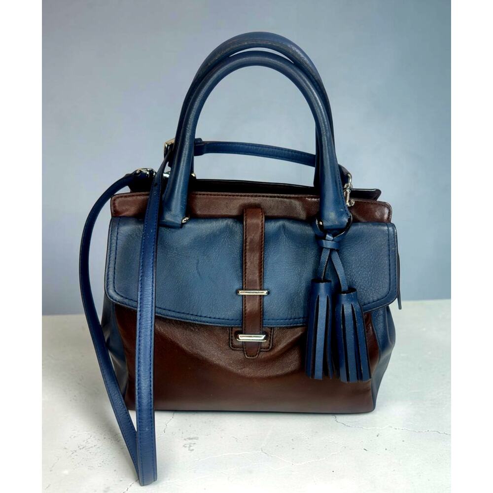 Coach Navy Blue & Brown Leather Two-Way Satchel | Silver Hardware | Dust Bag